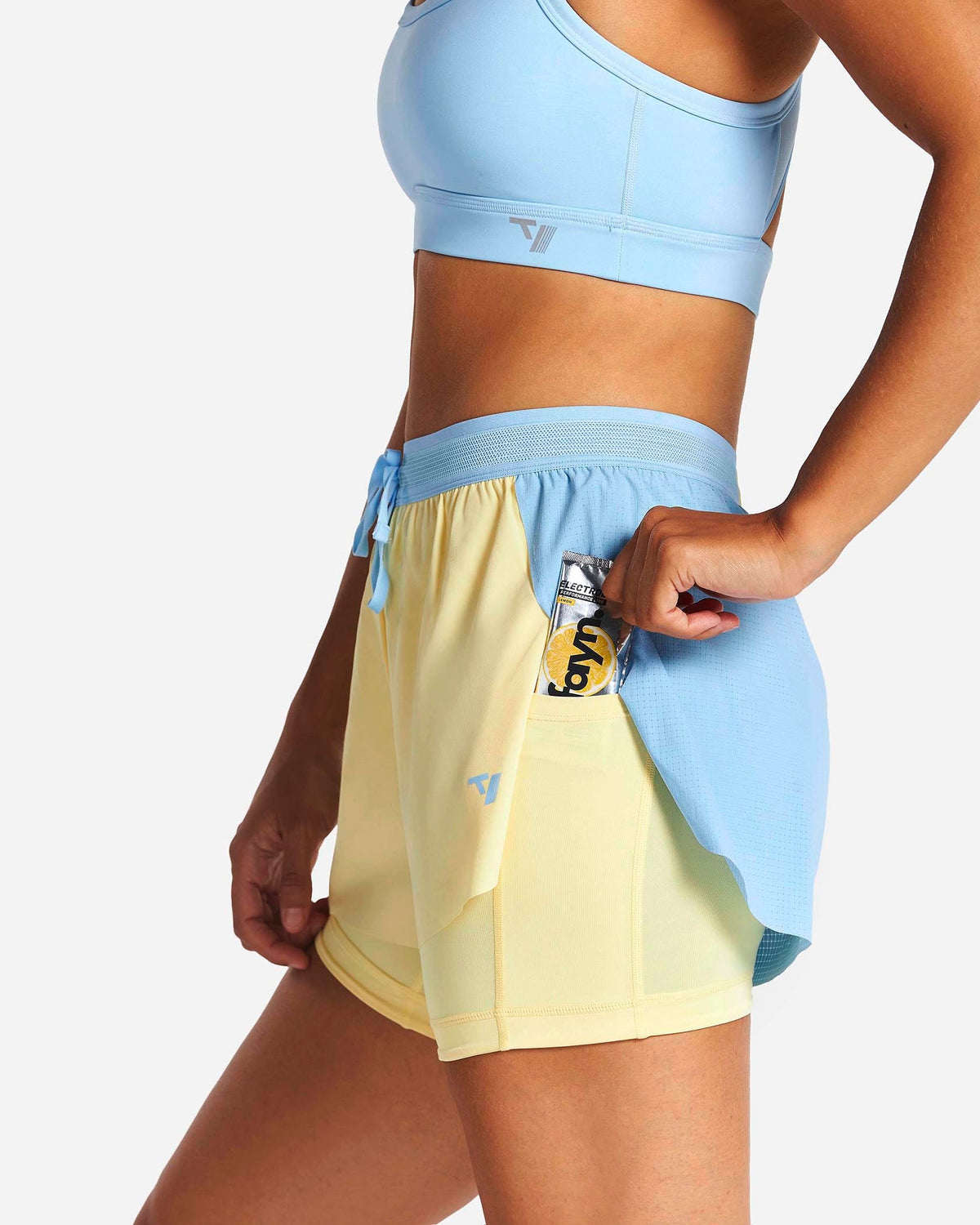 Short 2-en-1 RUN 5 pouces « Ice Blue - Butter Yellow »